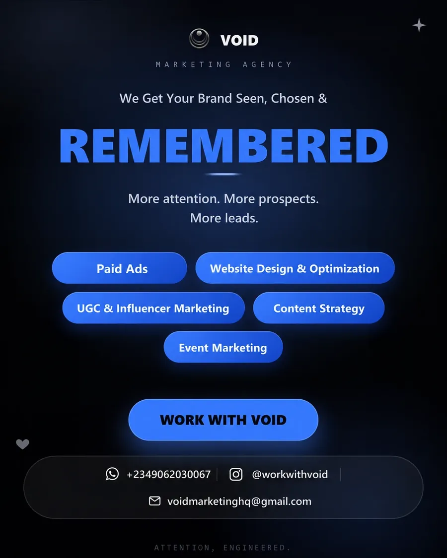 VOID launch poster: “We get your brand seen, chosen & remembered”
